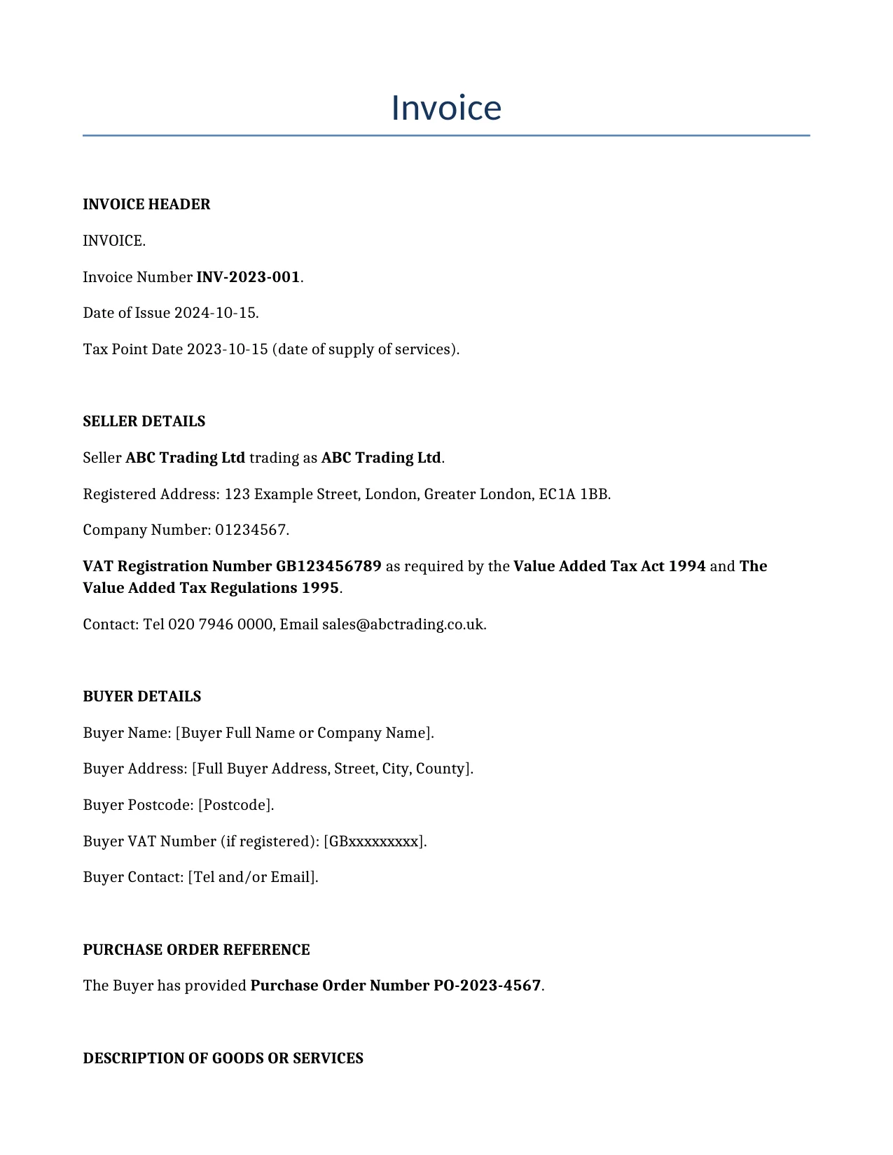 Example of a Invoice for use in the United Kingdom</b> generated by our AI model. 