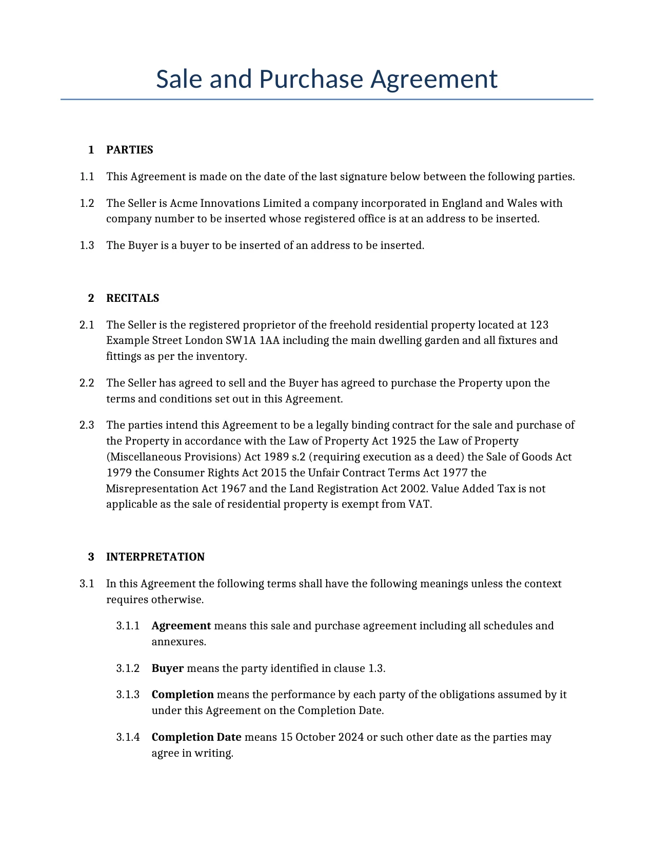 Example of a Sale and Purchase Agreement for use in the United Kingdom</b> generated by our AI model.