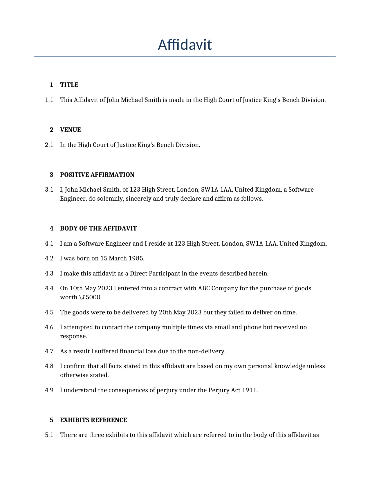 Example of a Affidavit for use in the United Kingdom</b> generated by our AI model. 