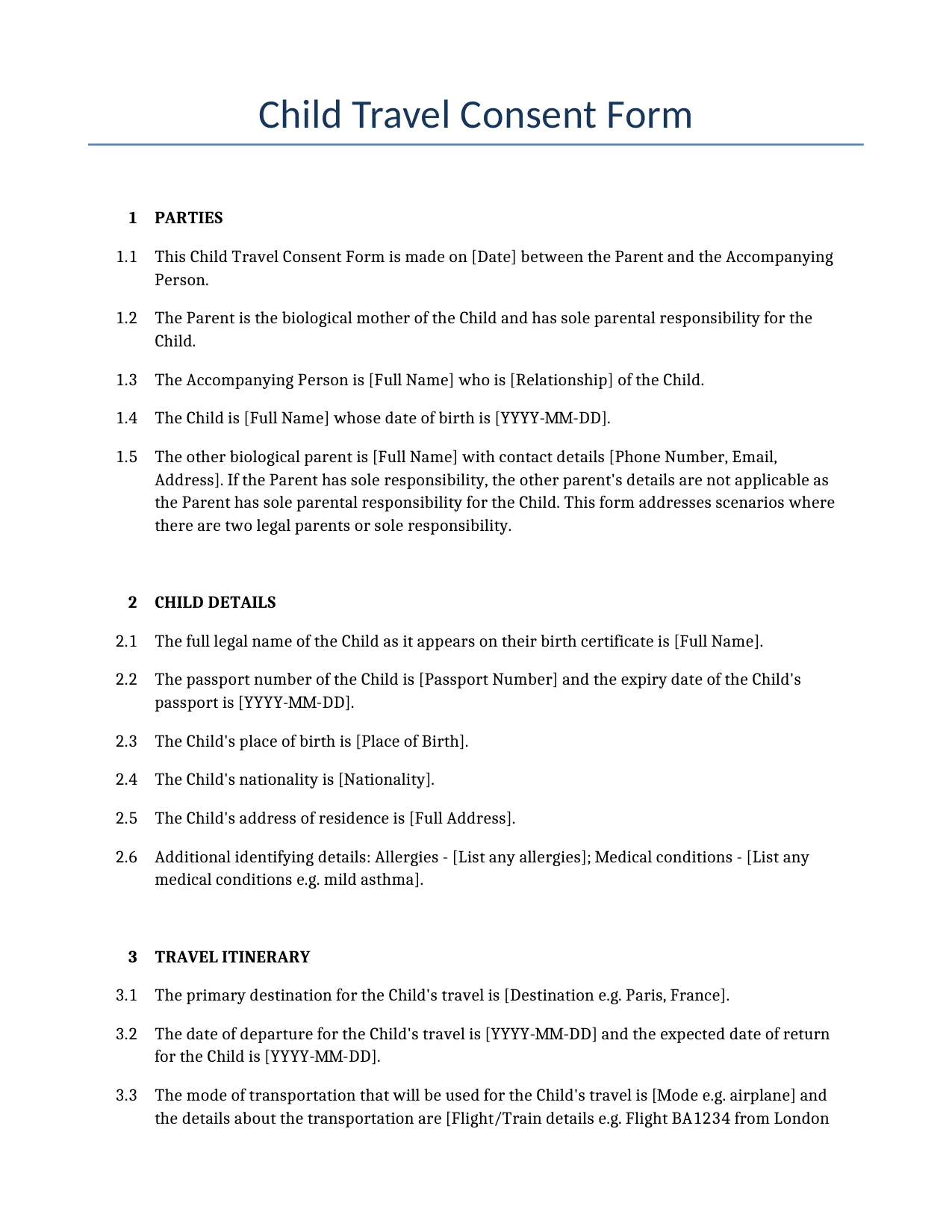 Example of a Child Travel Consent Form for use in the United Kingdom</b> generated by our AI model. 