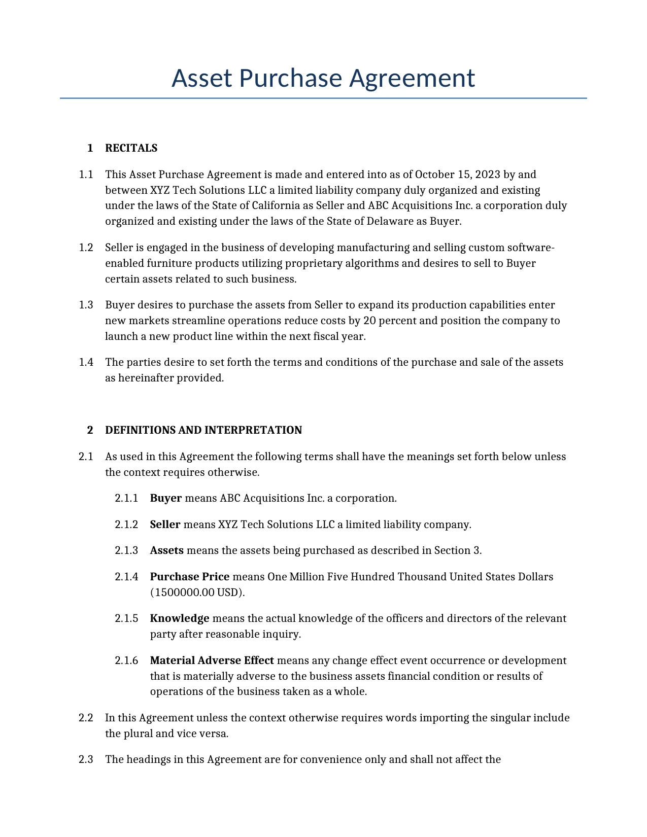 Example of a Asset Purchase Agreement for use in the United States</b> generated by our AI model. 