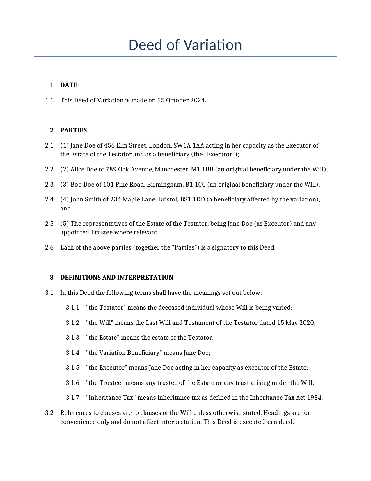 Example of a Deed of Variation for use in the United Kingdom</b> generated by our AI model. 