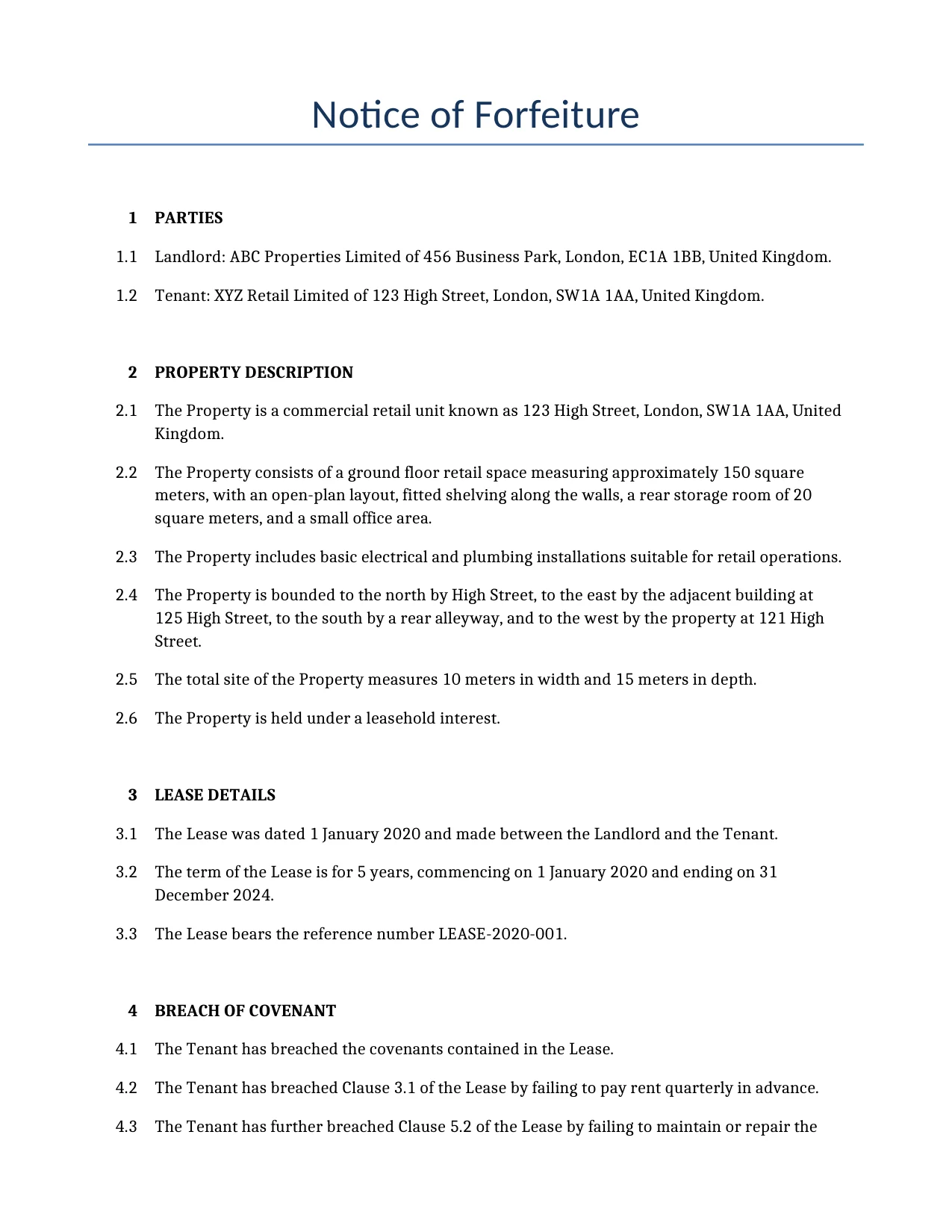 Example of a Notice of Forfeiture for use in the United Kingdom</b> generated by our AI model. 