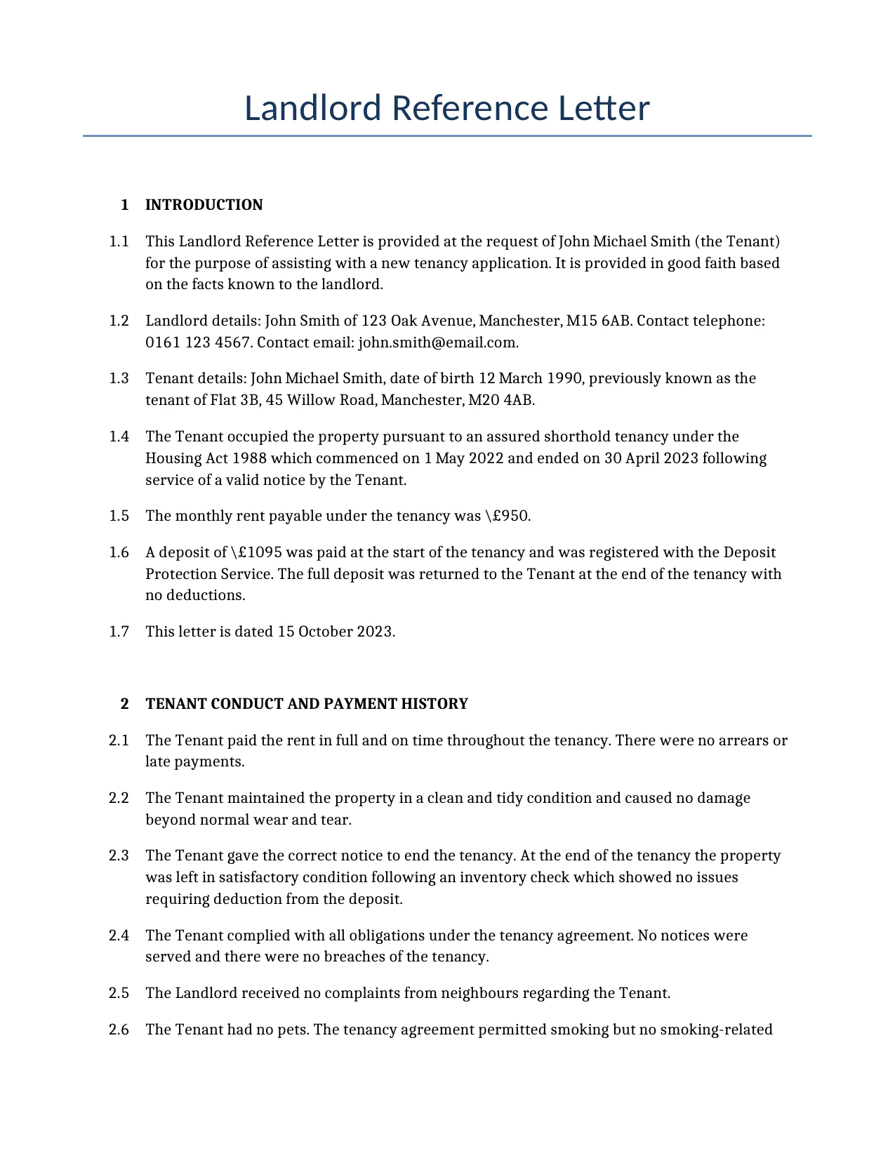 Example of a Landlord Reference Letter for use in the United Kingdom</b> generated by our AI model. 