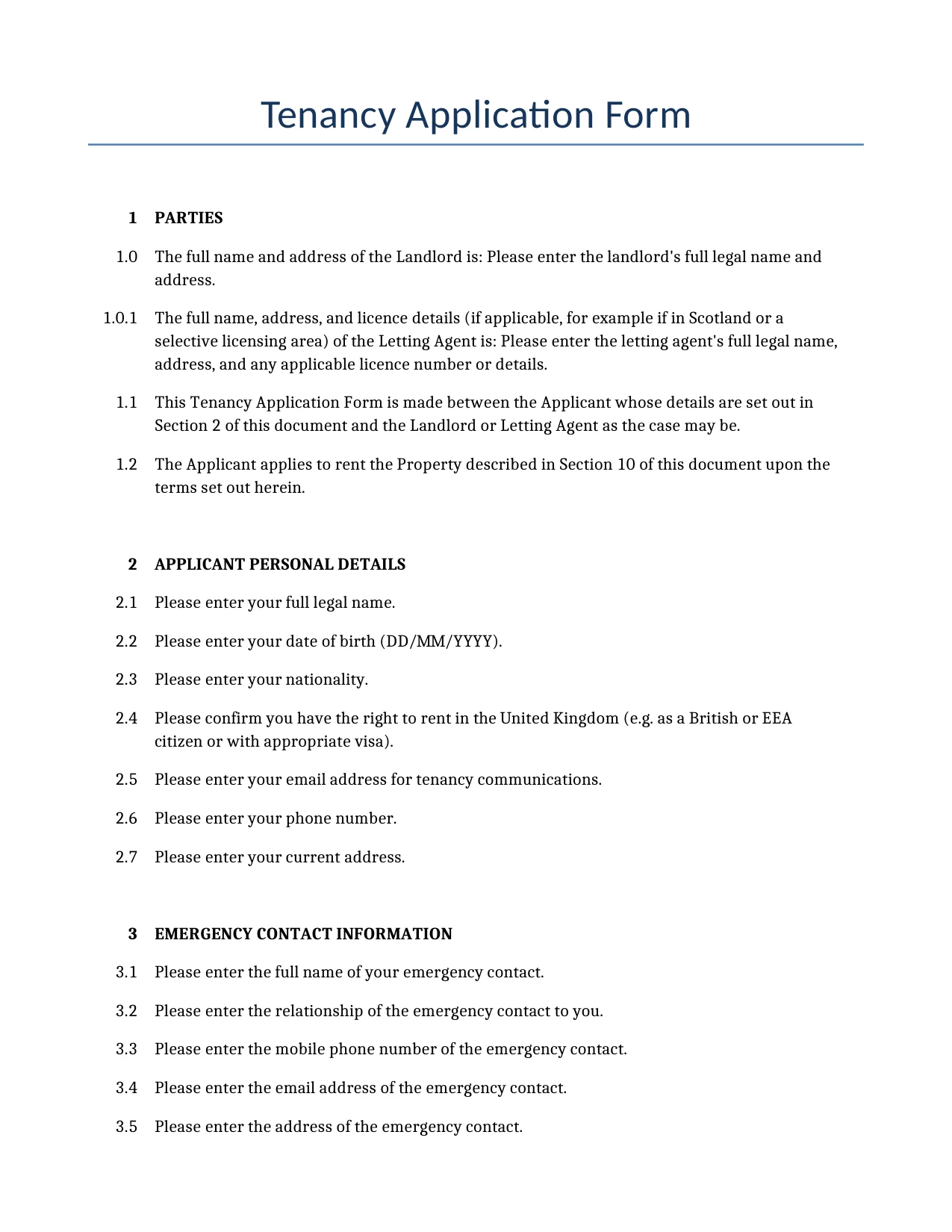 Example of a Tenancy Application Form for use in the United Kingdom</b> generated by our AI model. 
