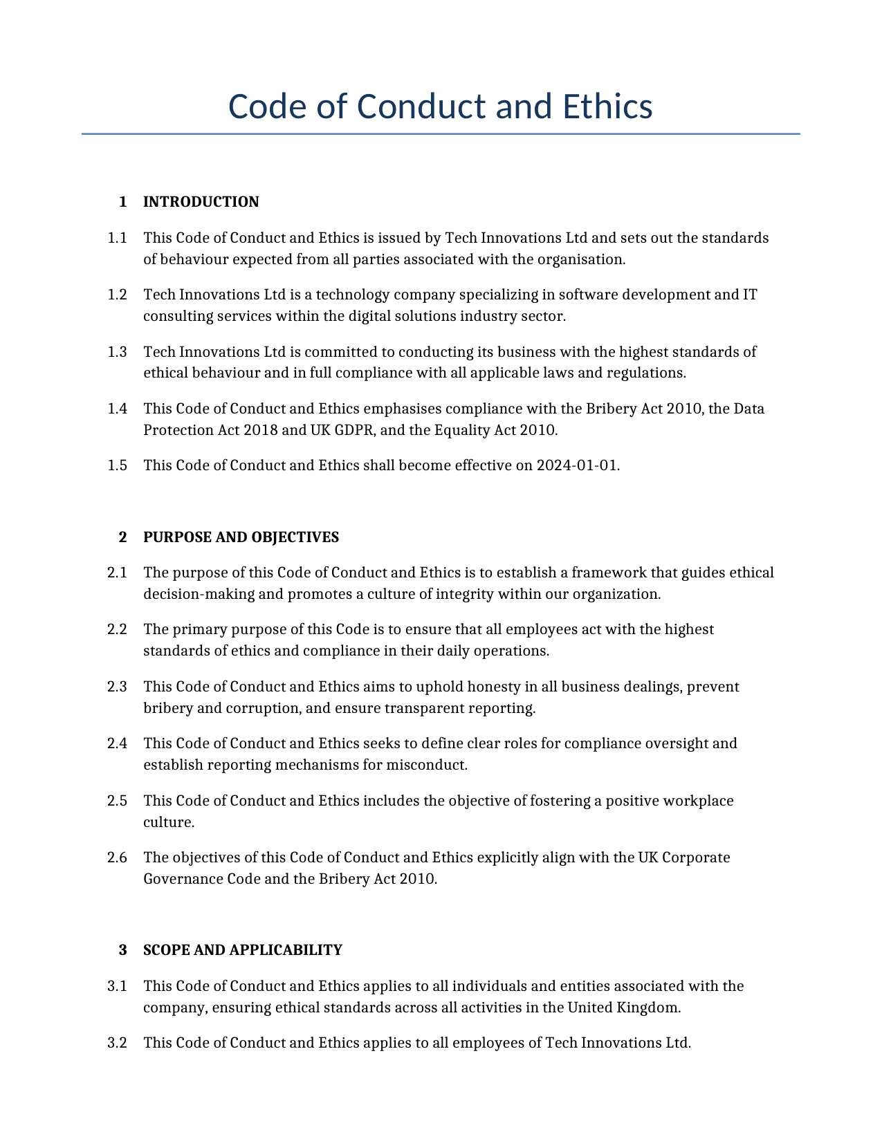 Example of a Code of Conduct and Ethics for use in the United Kingdom</b> generated by our AI model.
