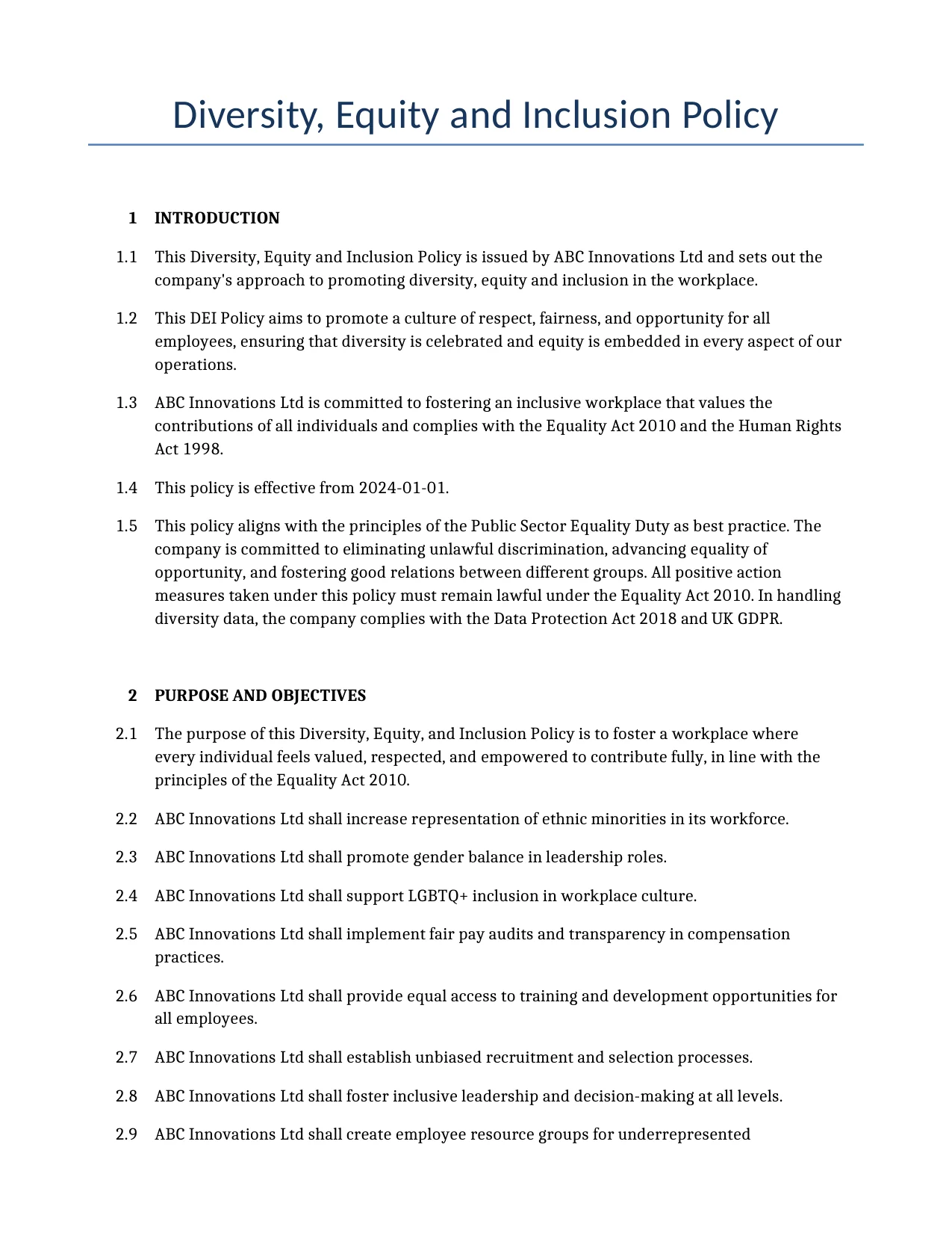 Example of a Diversity, Equity and Inclusion Policy for use in the United Kingdom</b> generated by our AI model.