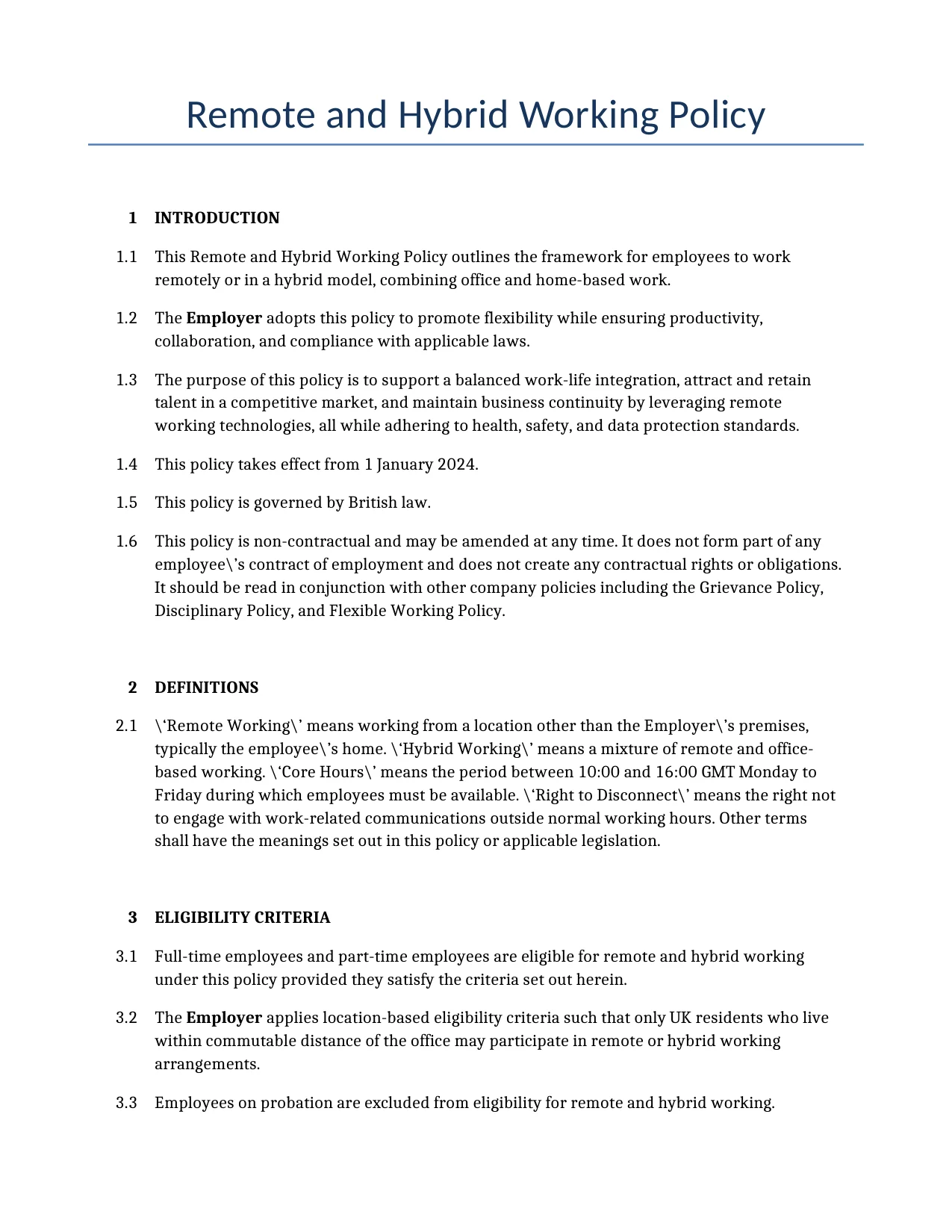 Example of a Remote and Hybrid Working Policy for use in the United Kingdom</b> generated by our AI model.