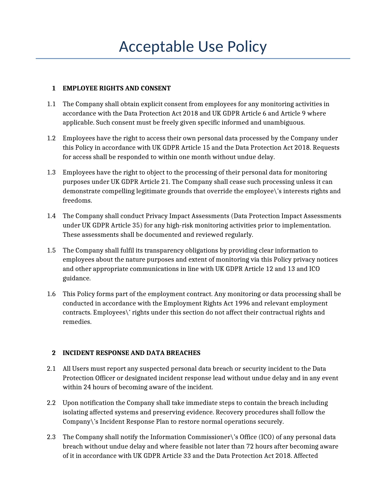 Example of a Acceptable Use Policy for use in the United Kingdom</b> generated by our AI model. 