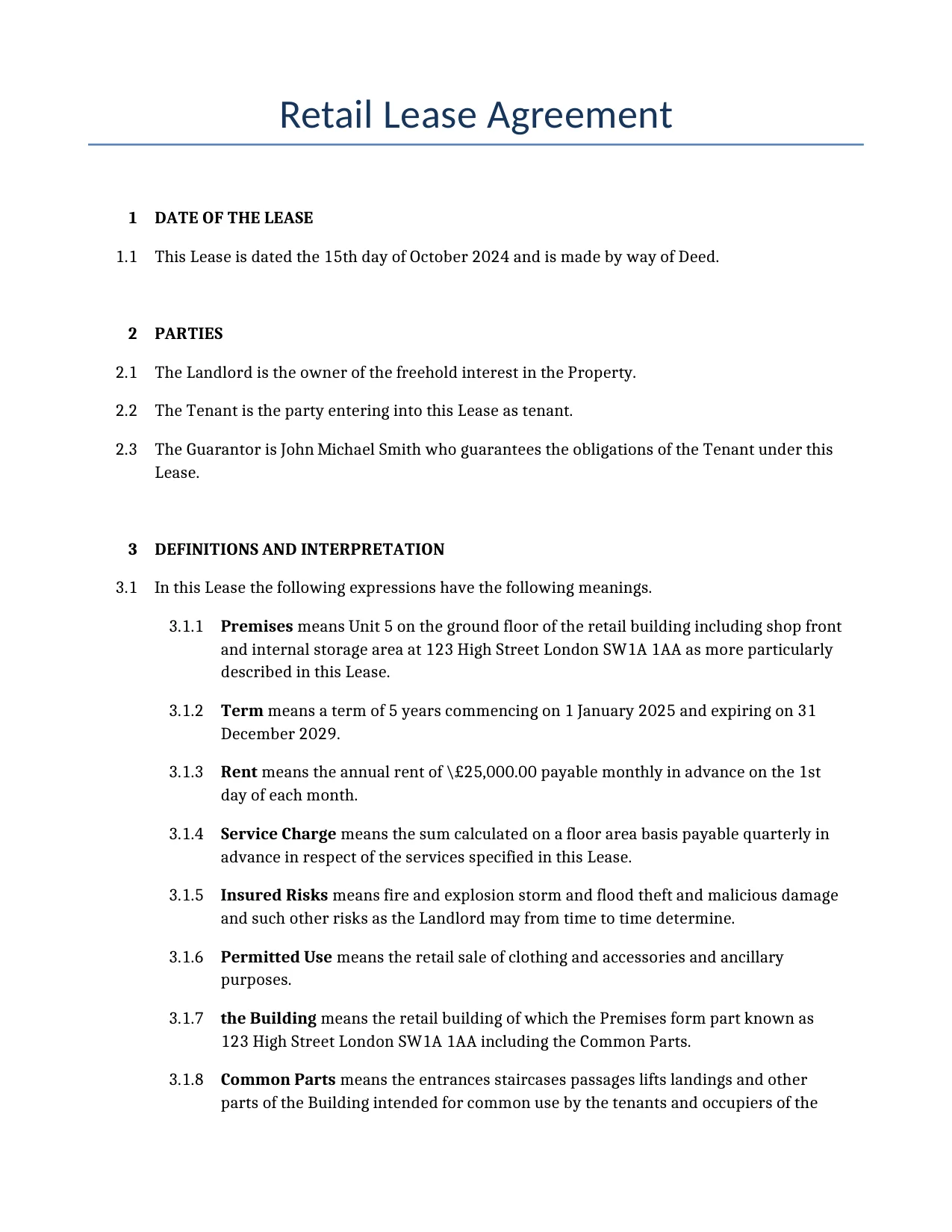 Example of a Retail Lease Agreement for use in the United Kingdom</b> generated by our AI model. 