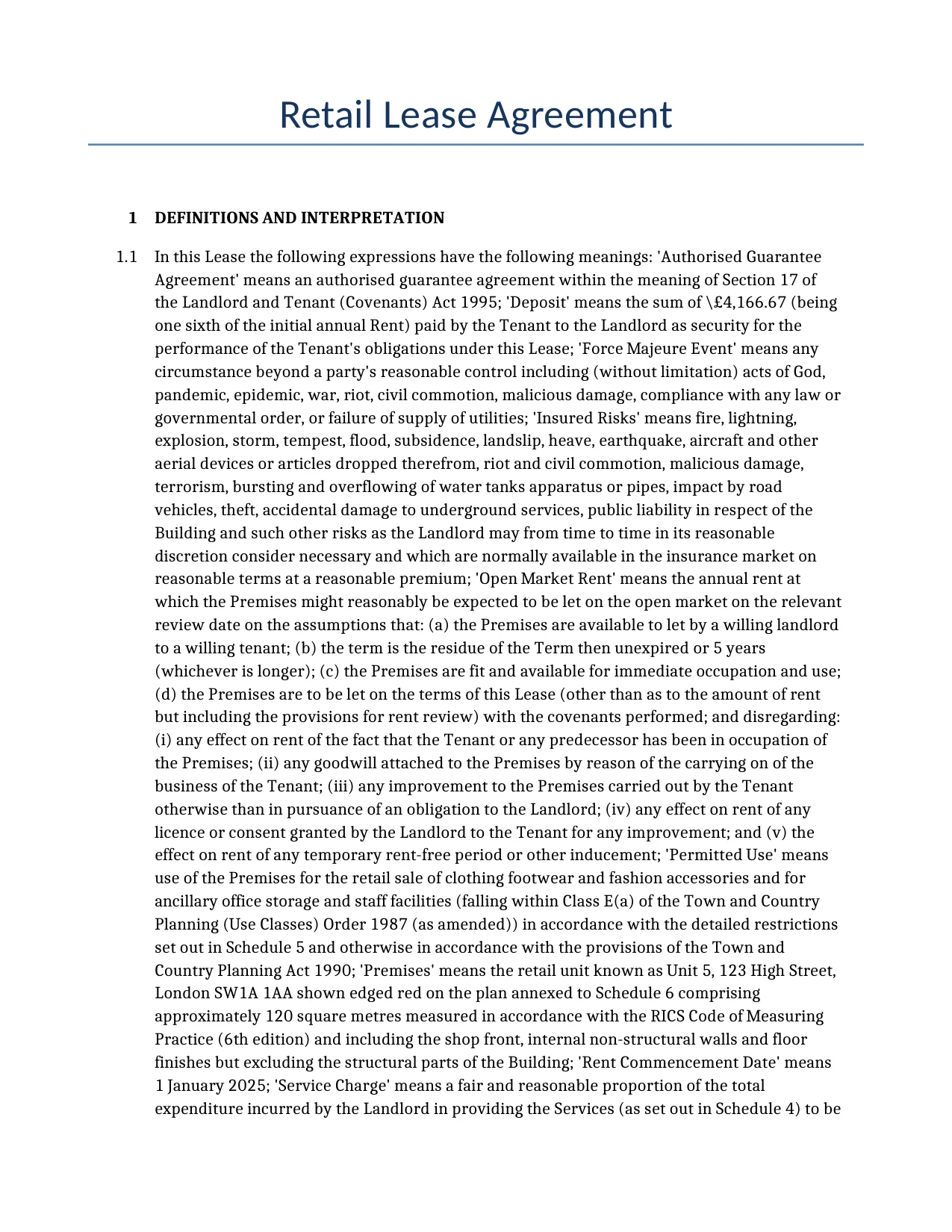 Example of a Retail Lease Agreement for use in the United Kingdom</b> generated by our AI model.