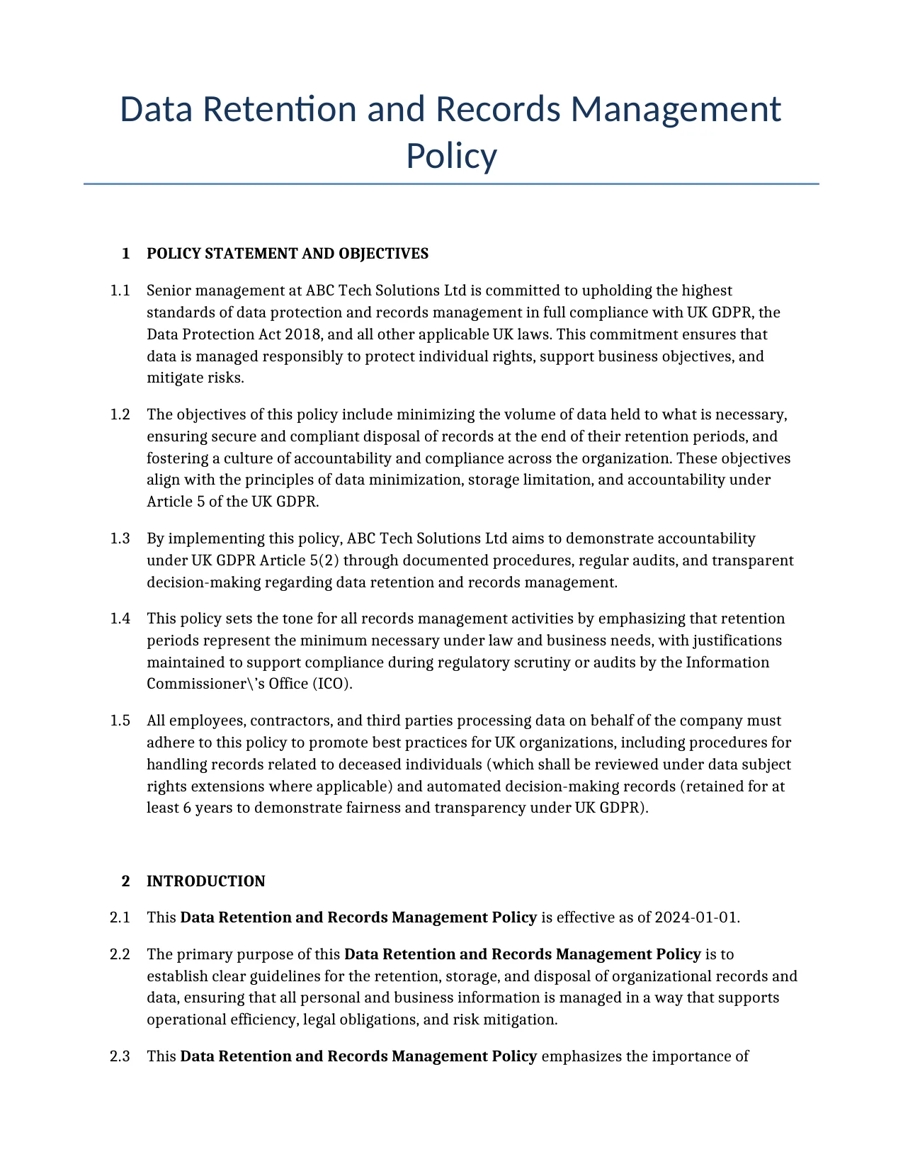 Example of a Data Retention and Records Management Policy for use in the United Kingdom</b> generated by our AI model.