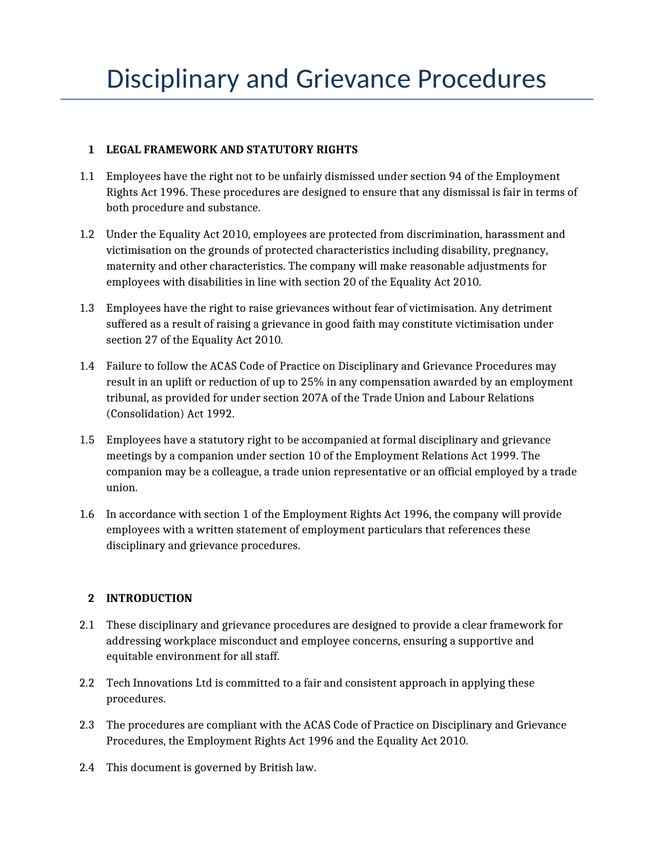Example of a Disciplinary and Grievance Procedures for use in the United Kingdom</b> generated by our AI model.