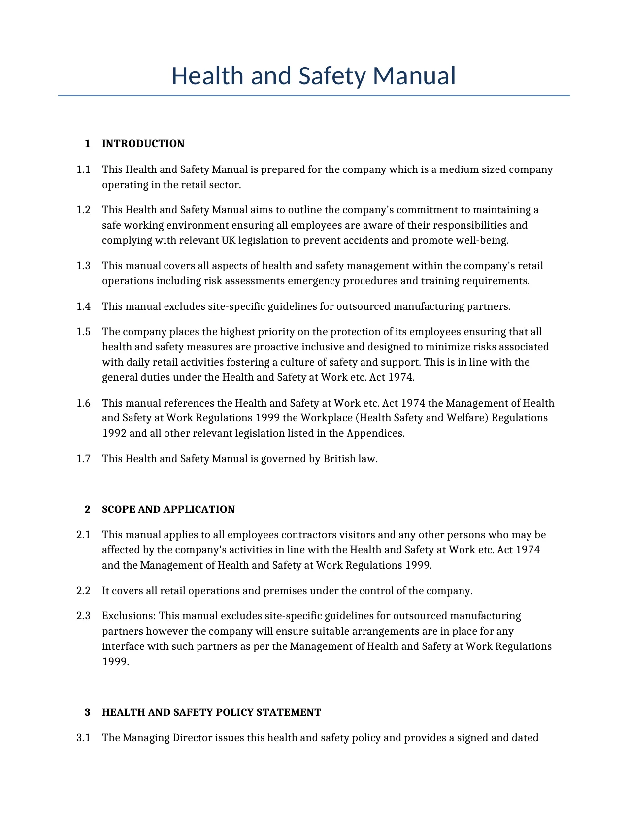 Example of a Health and Safety Manual for use in the United Kingdom</b> generated by our AI model. 