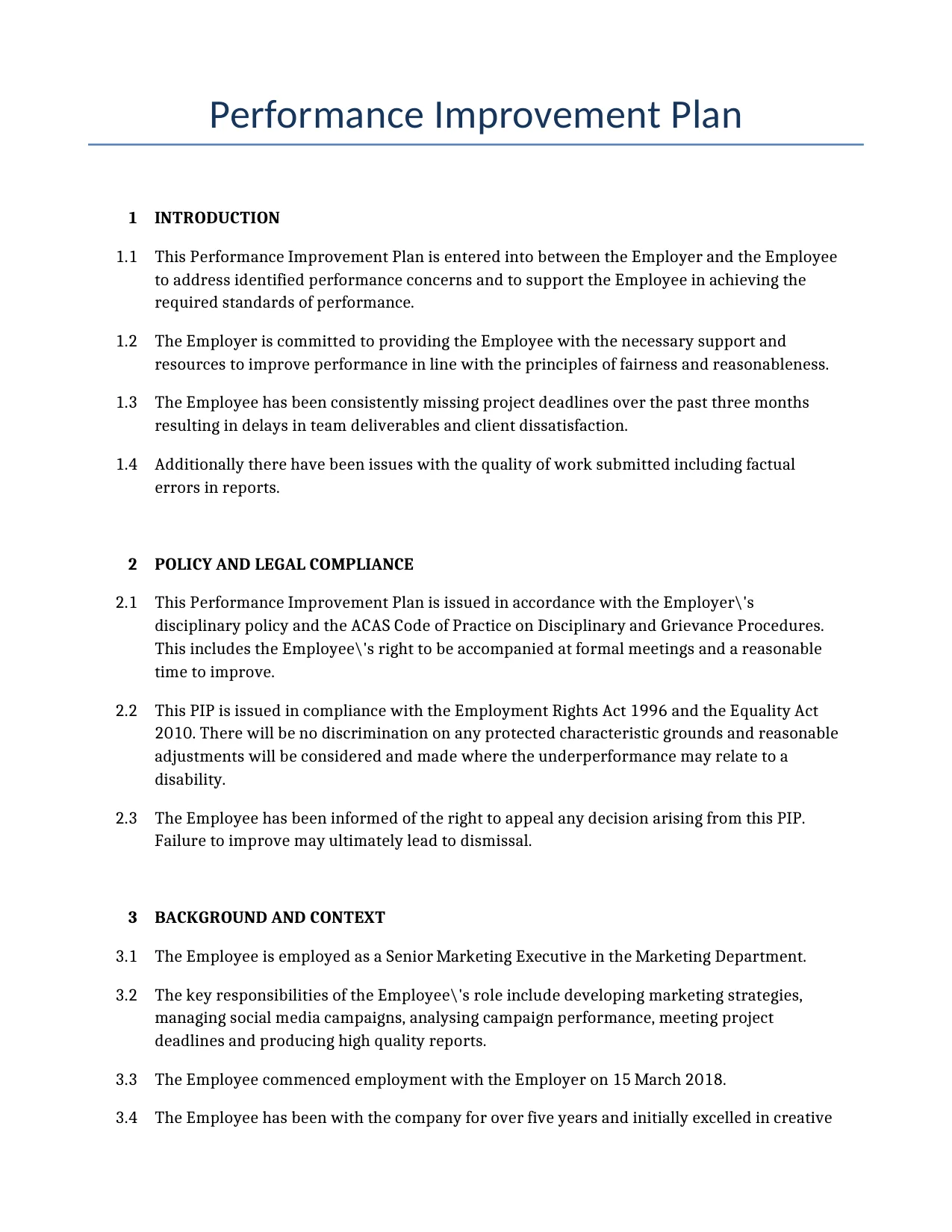 Example of a Performance Improvement Plan for use in the United Kingdom</b> generated by our AI model.