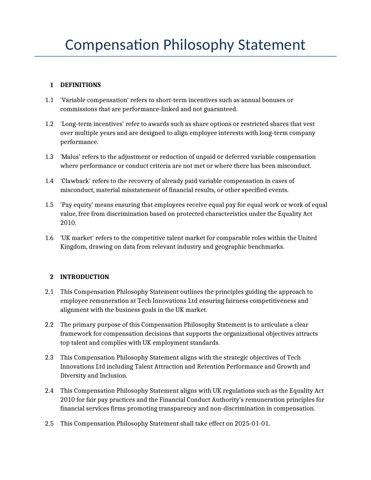 Example of a Compensation Philosophy Statement for use in the United Kingdom</b> generated by our AI model.