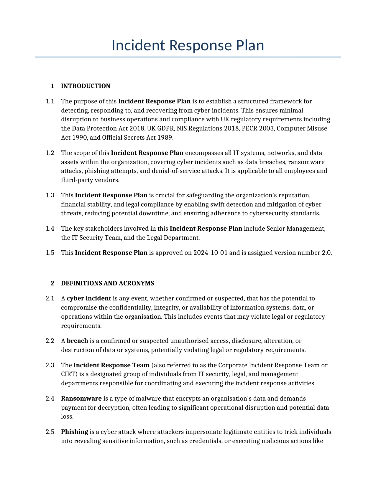 Example of a Incident Response Plan for use in the United Kingdom</b> generated by our AI model.
