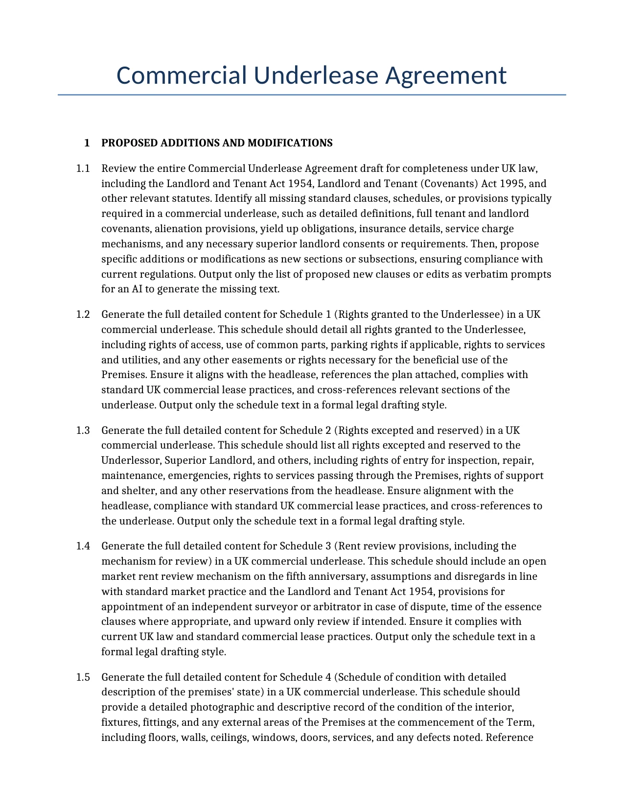 Example of a Commercial Underlease Agreement for use in the United Kingdom</b> generated by our AI model. 