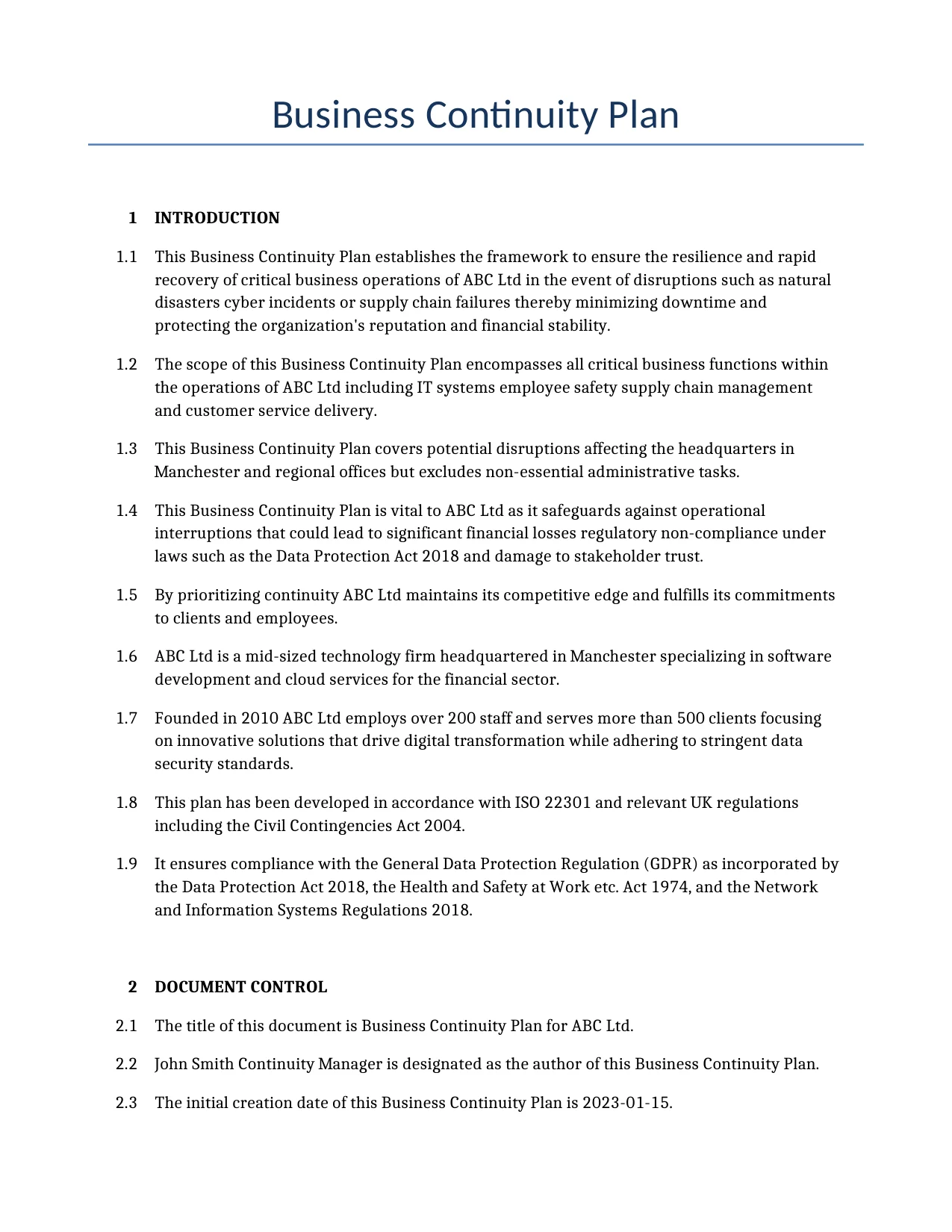 Example of a Business Continuity Plan for use in the United Kingdom</b> generated by our AI model. 