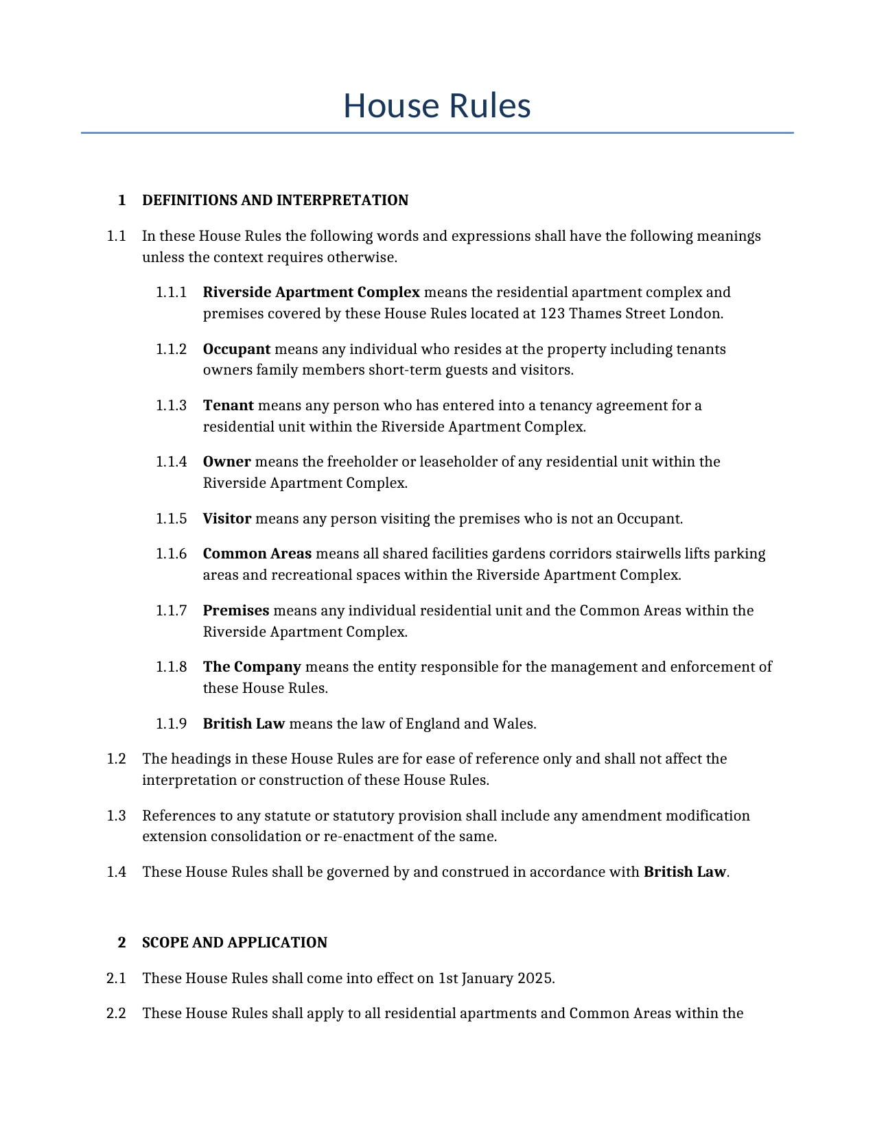 Example of a House Rules for use in the United Kingdom</b> generated by our AI model. 
