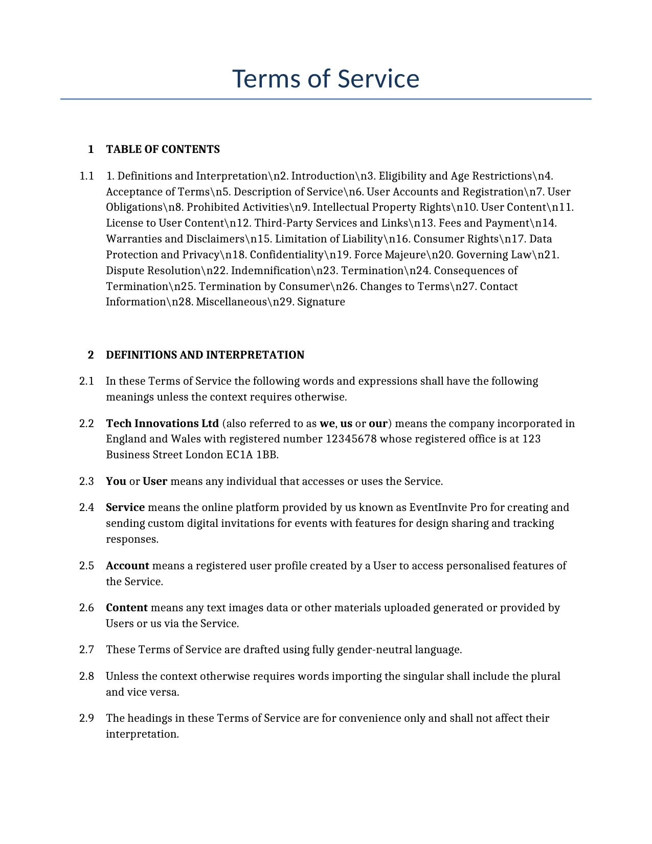 Example of a Terms of Service for use in the United Kingdom</b> generated by our AI model. 