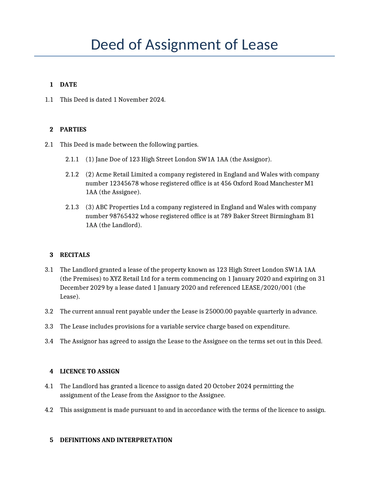 Example of a Deed of Assignment of Lease for use in the United Kingdom</b> generated by our AI model.