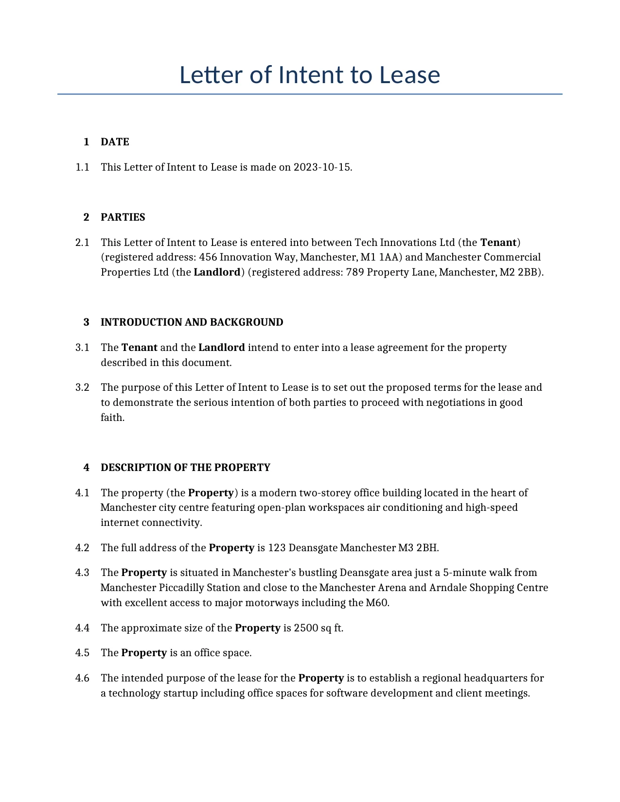 Example of a Letter of Intent to Lease for use in the United Kingdom</b> generated by our AI model.