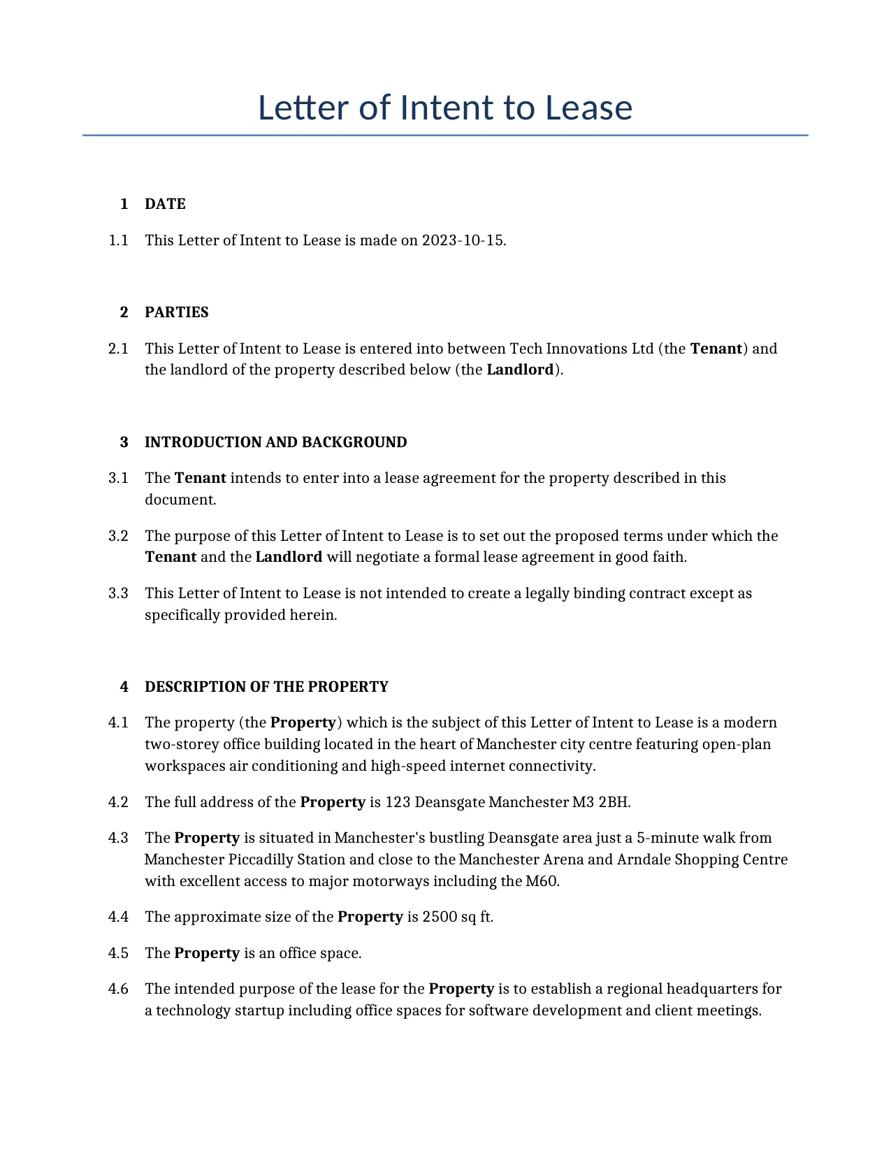 Example of a Letter of Intent to Lease for use in the United Kingdom</b> generated by our AI model.