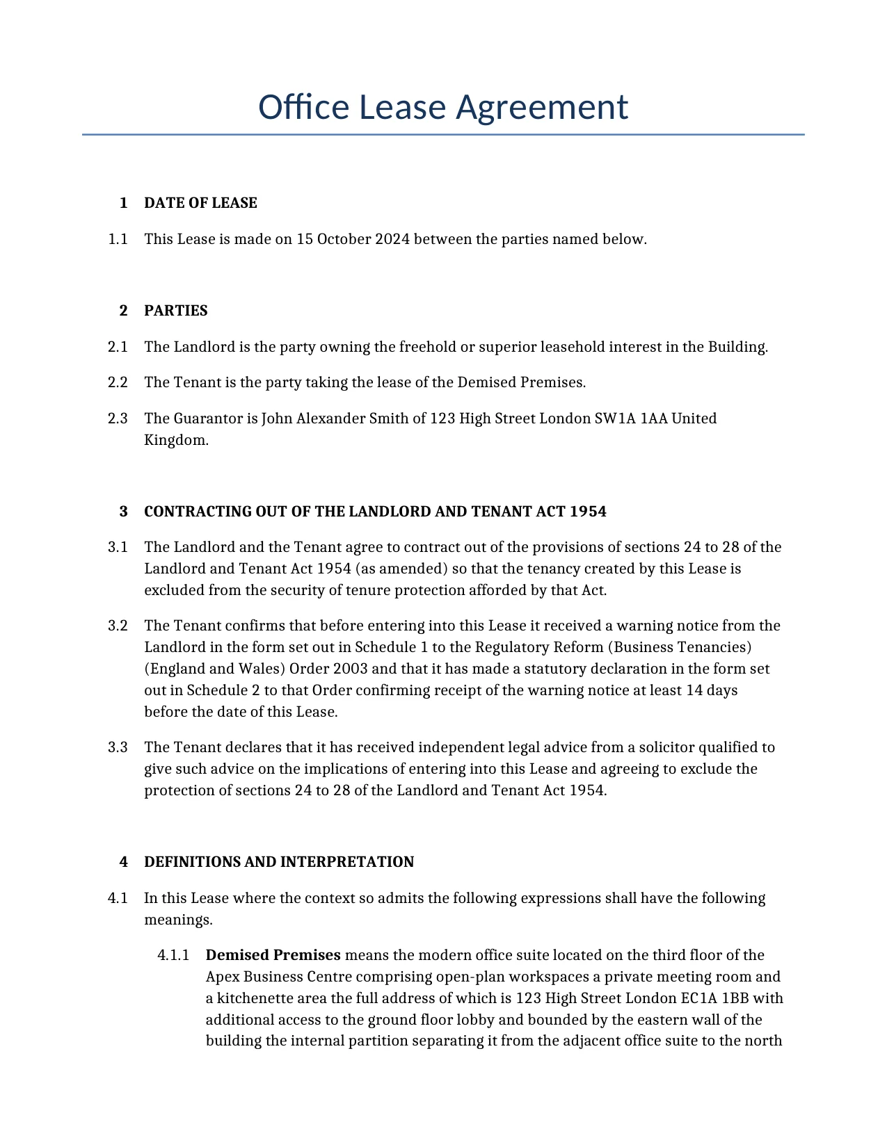 Example of a Office Lease Agreement for use in the United Kingdom</b> generated by our AI model.