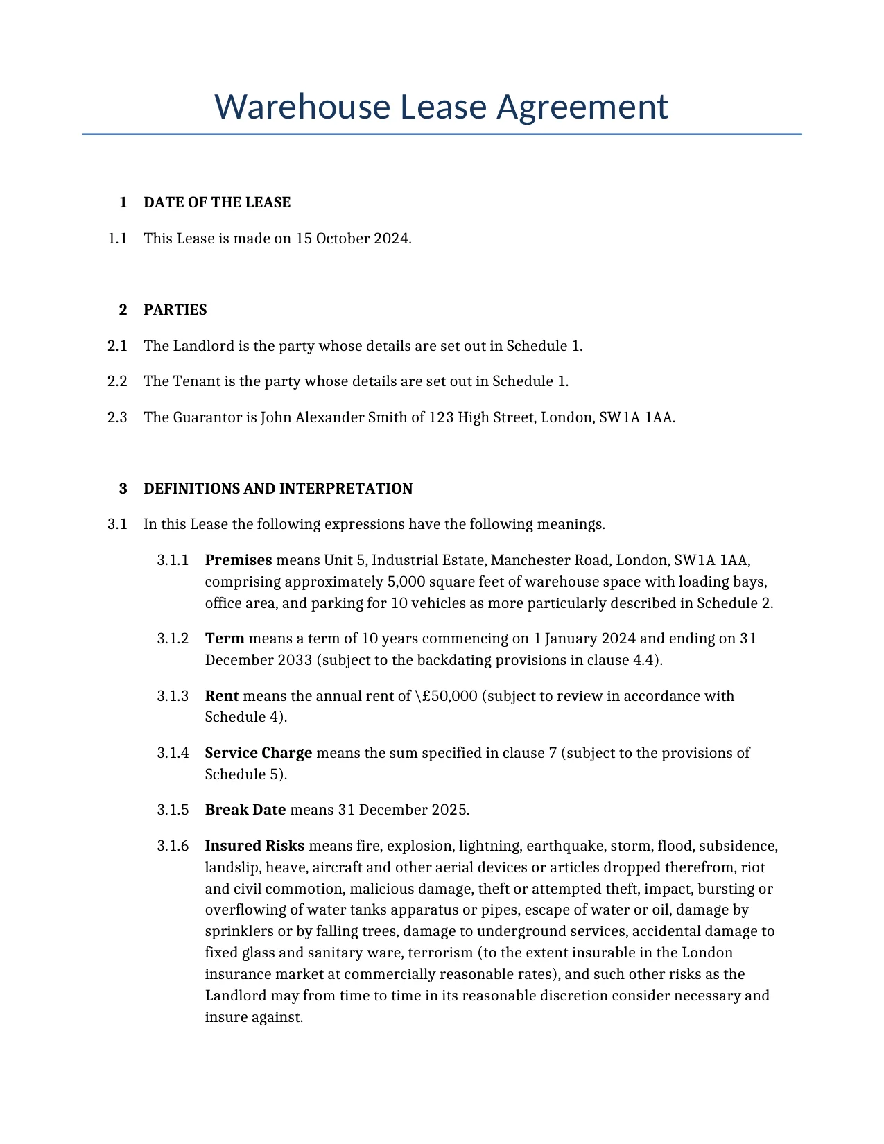 Example of a Warehouse Lease Agreement for use in the United Kingdom</b> generated by our AI model.