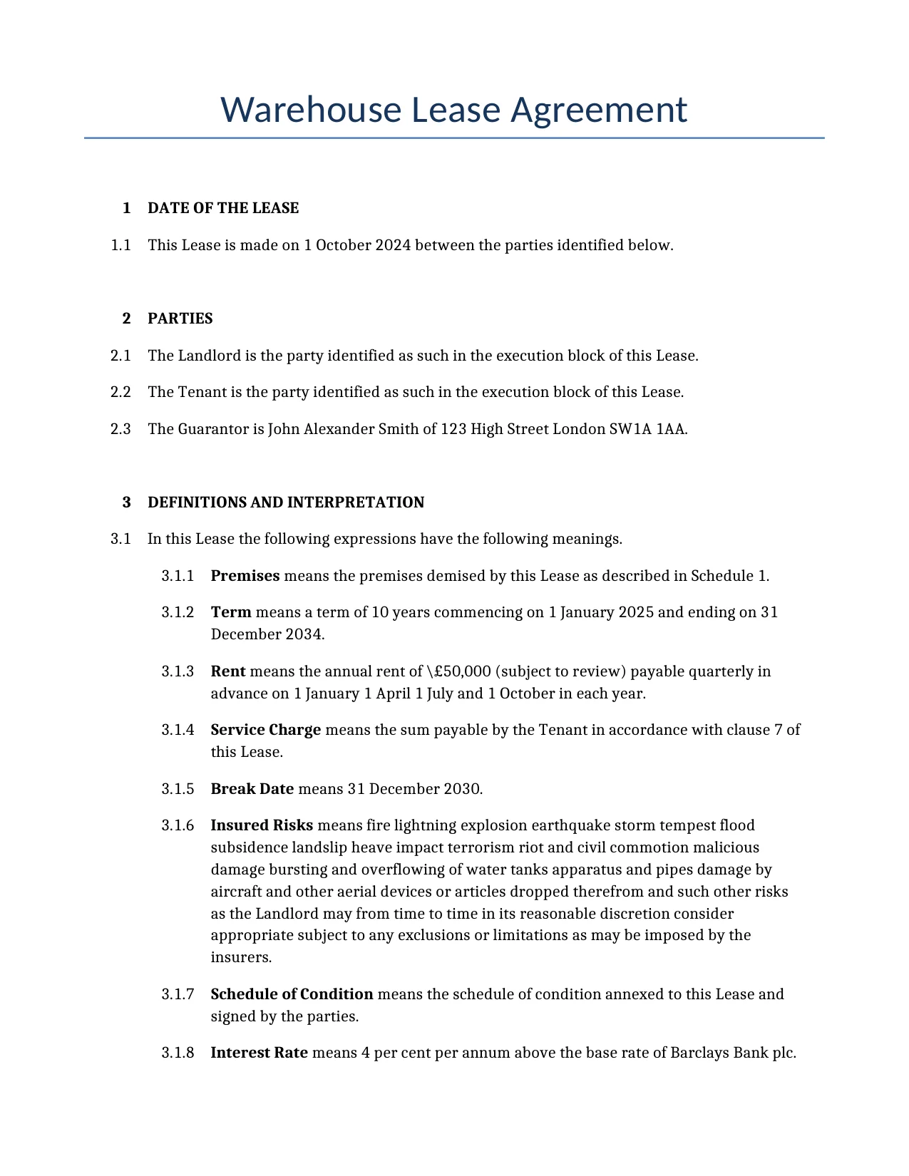 Example of a Warehouse Lease Agreement for use in the United Kingdom</b> generated by our AI model. 