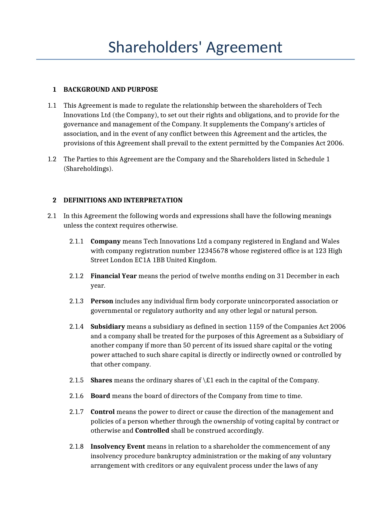 Example of a Shareholders' Agreement for use in the United Kingdom</b> generated by our AI model. 