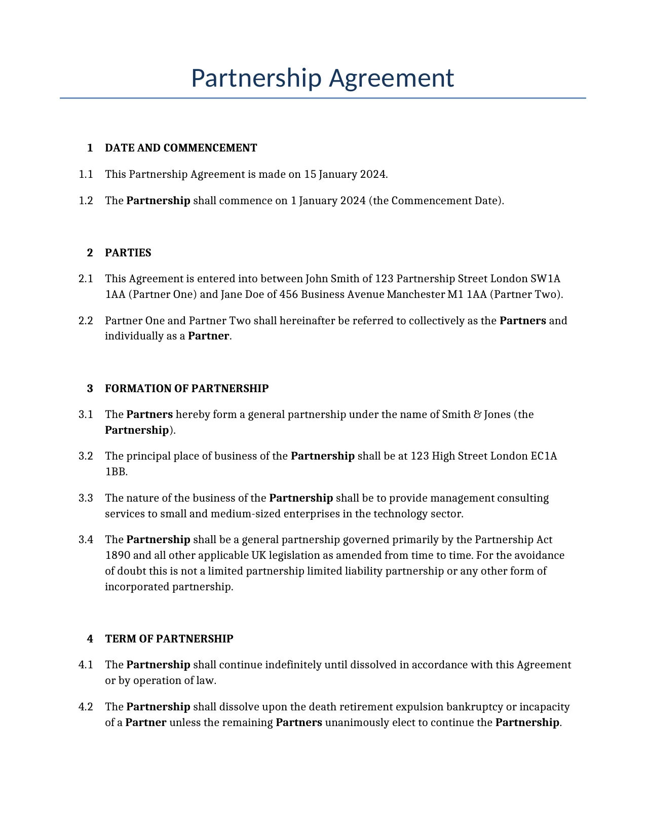Example of a Partnership Agreement for use in the United Kingdom</b> generated by our AI model. 