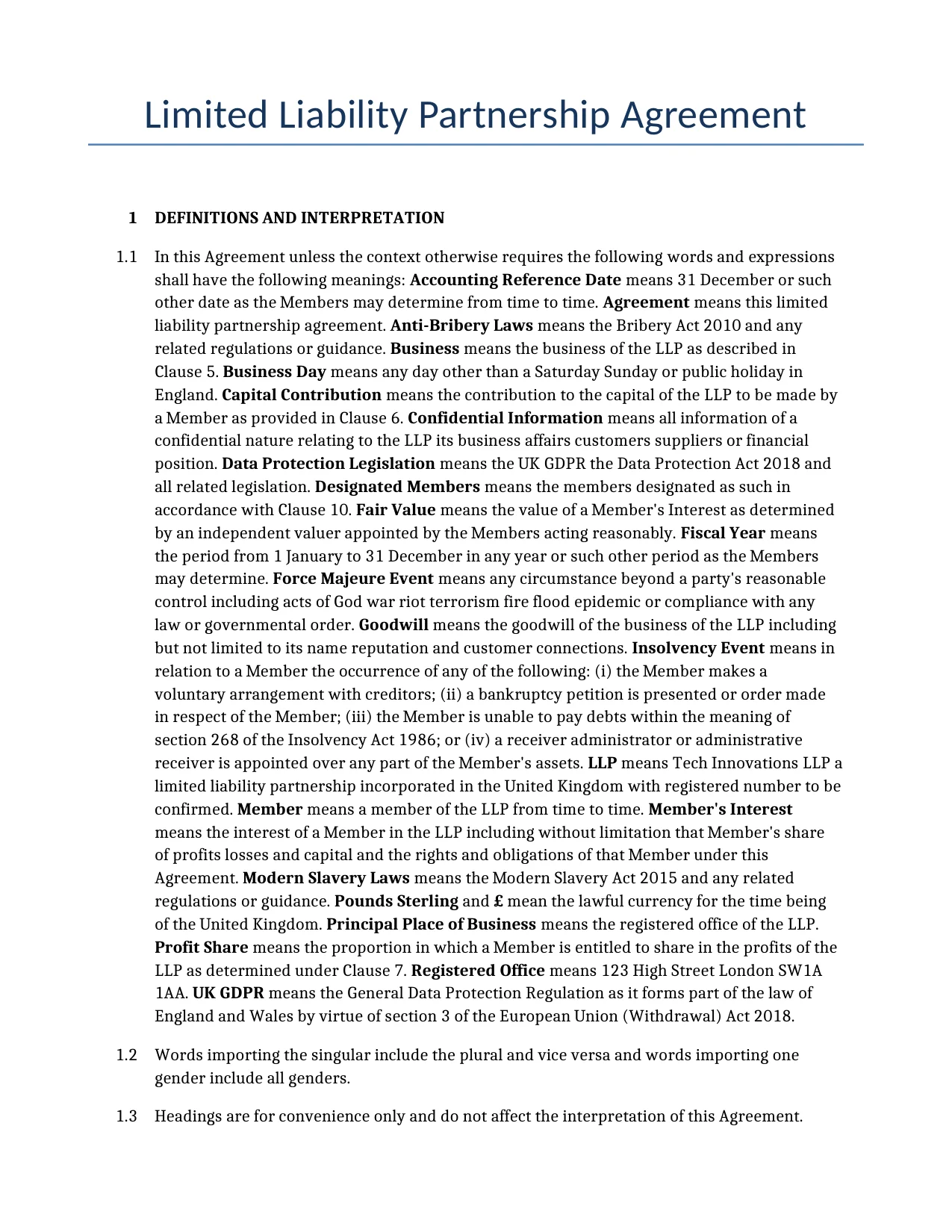 Example of a Limited Liability Partnership Agreement for use in the United Kingdom</b> generated by our AI model.