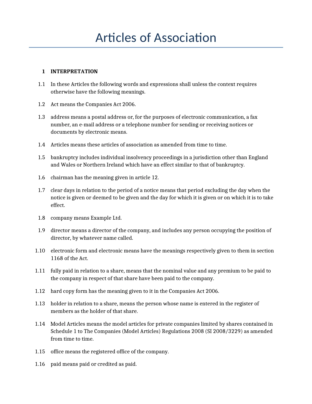 Example of a Articles of Association for use in the United Kingdom</b> generated by our AI model. 