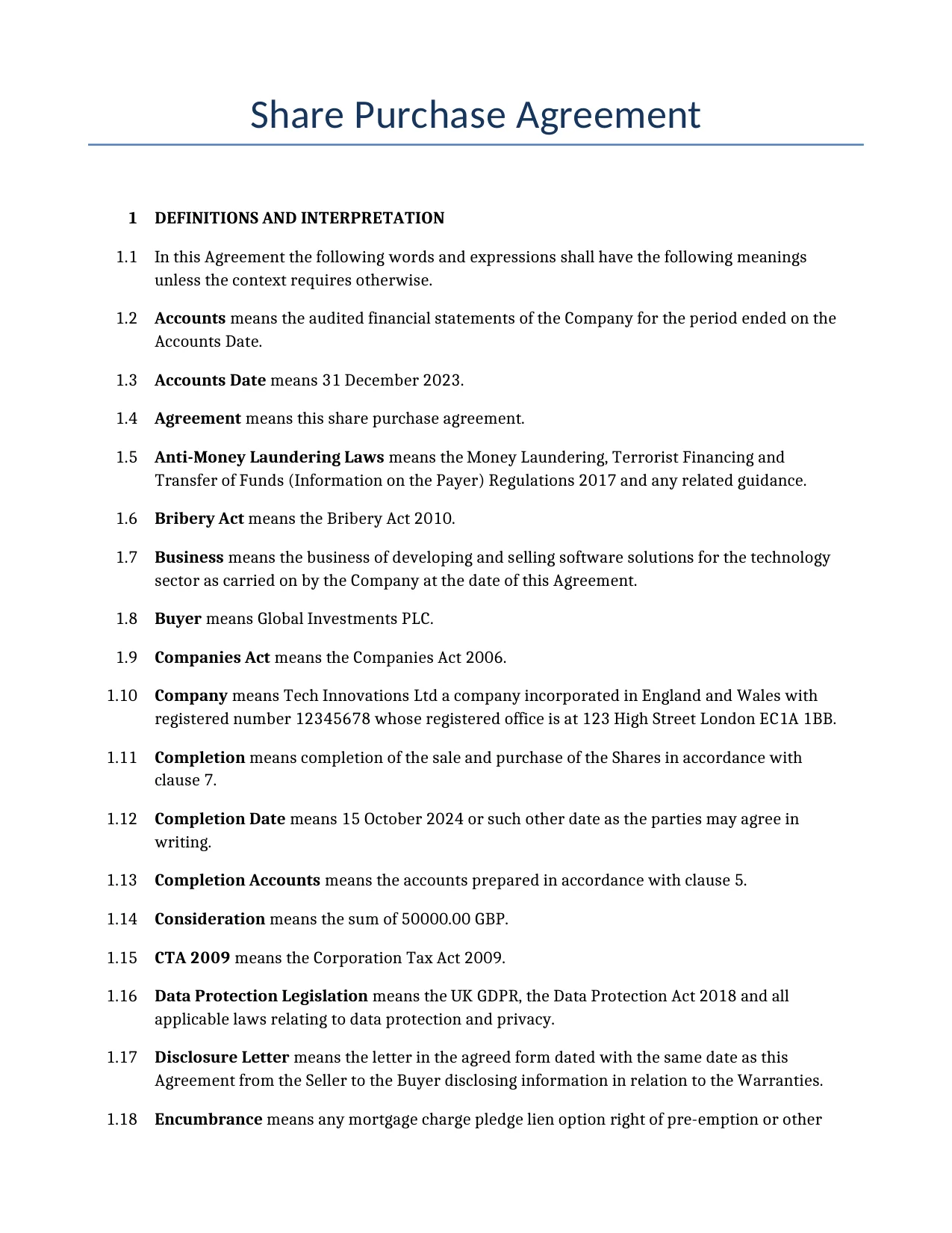 Example of a Share Purchase Agreement for use in the United Kingdom</b> generated by our AI model.