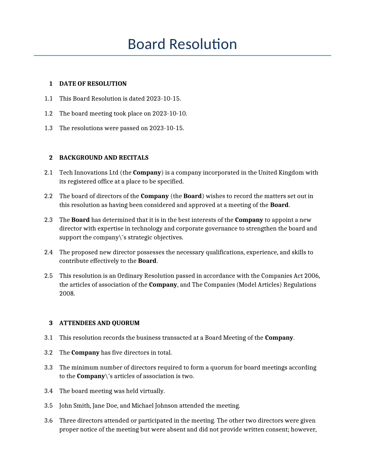 Example of a Board Resolution for use in the United Kingdom</b> generated by our AI model. 