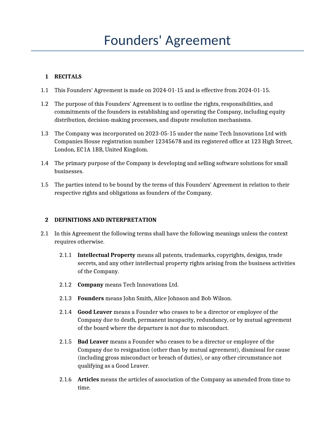 Example of a Founders' Agreement for use in the United Kingdom</b> generated by our AI model. 