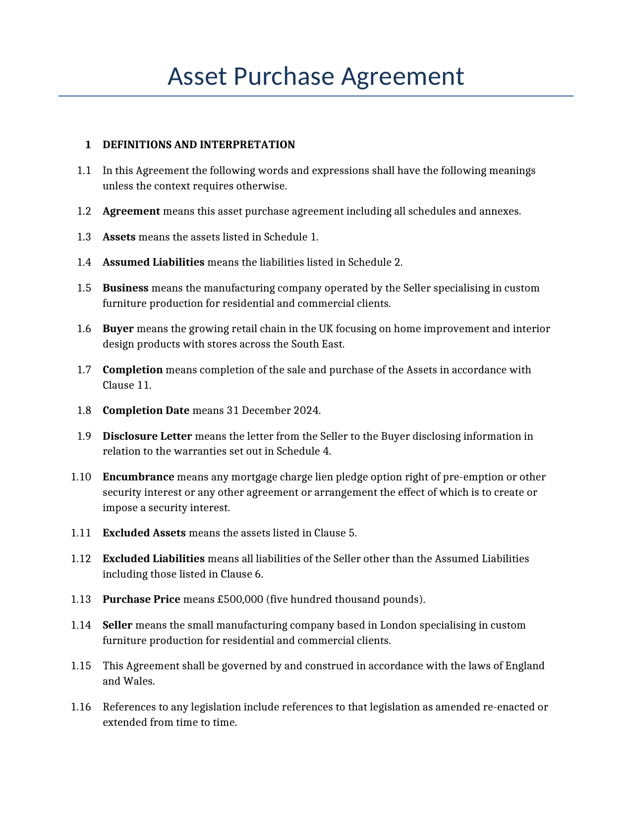 Example of a Asset Purchase Agreement for use in the United Kingdom</b> generated by our AI model. 