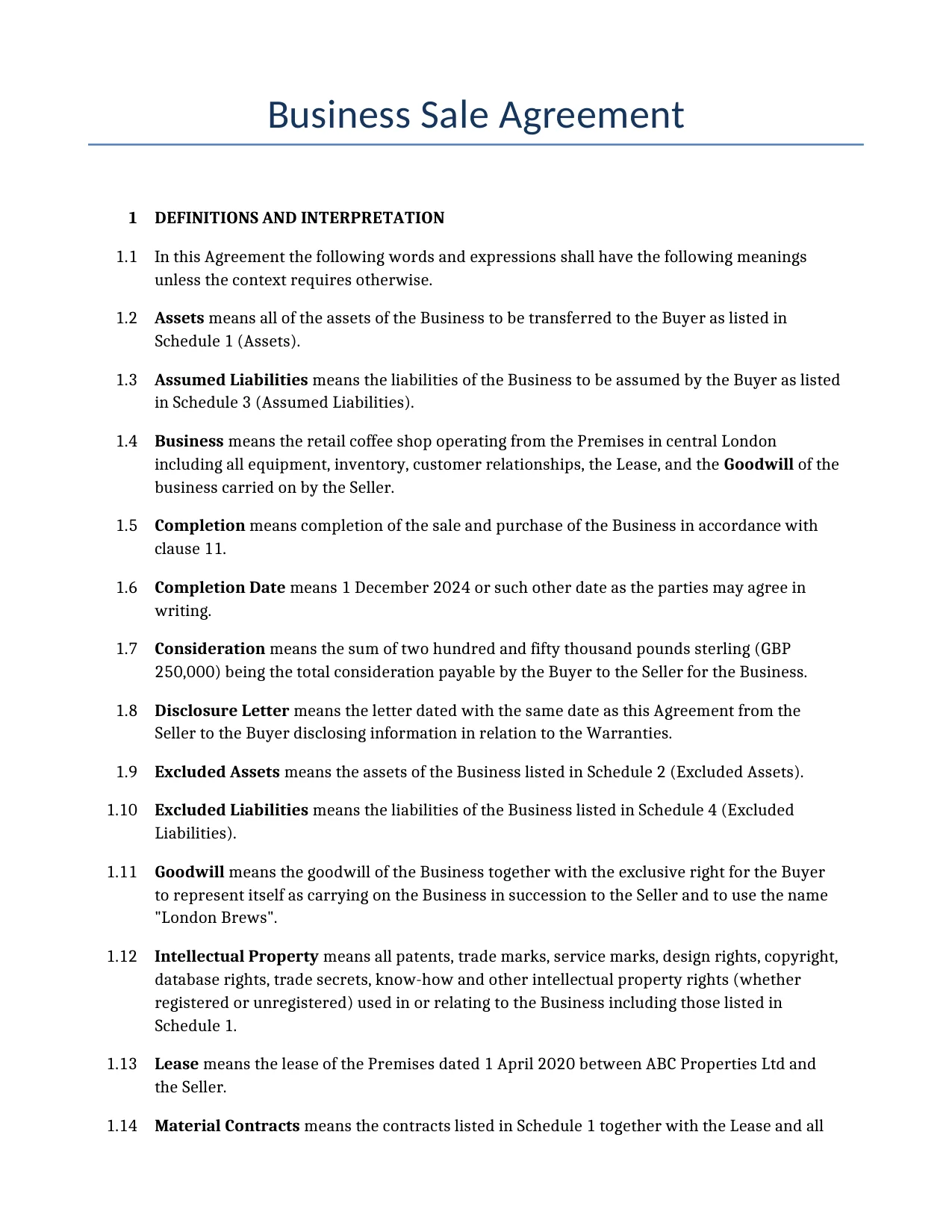 Example of a Business Sale Agreement for use in the United Kingdom</b> generated by our AI model.