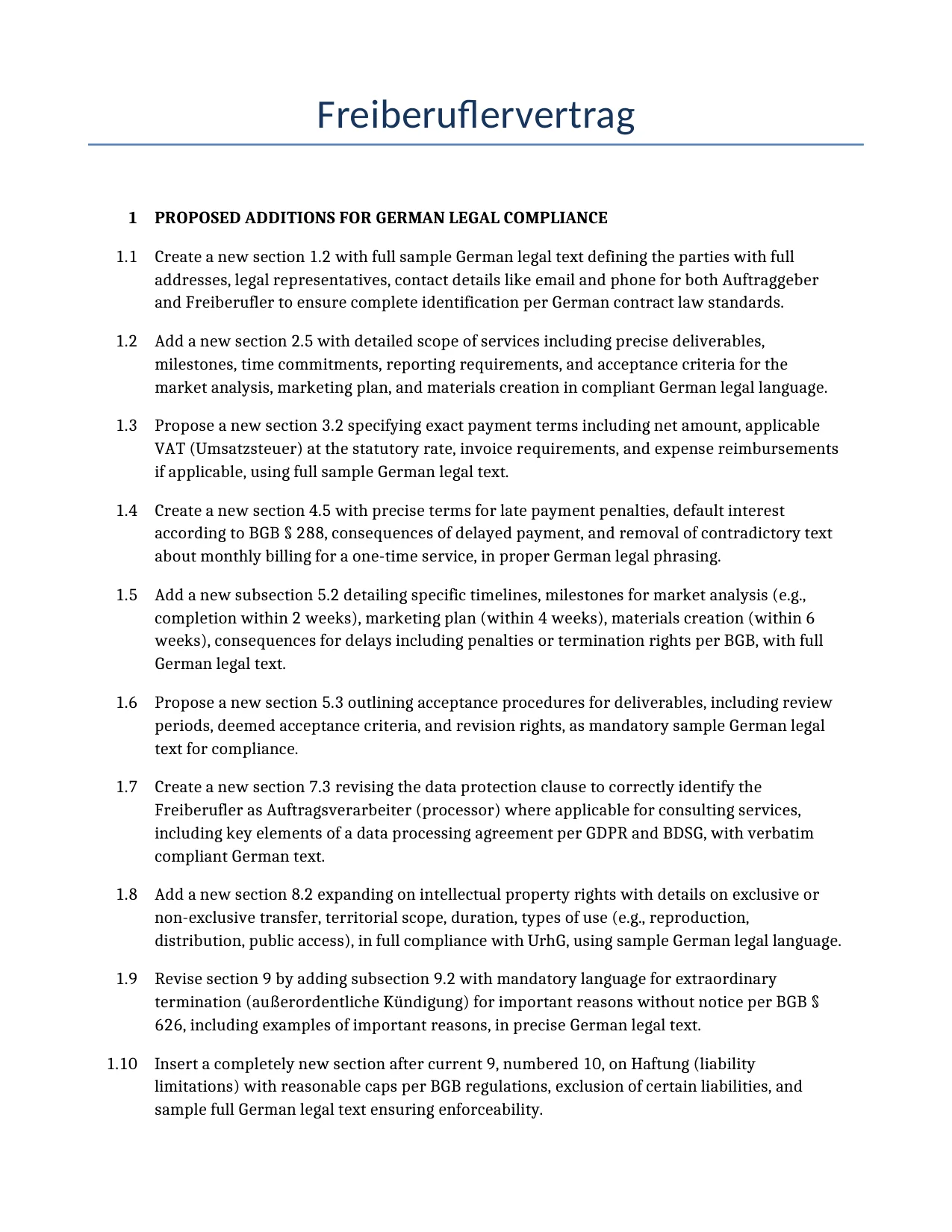 Beispiel für einen Freiberuflervertrag zur Verwendung in Deutschland, generiert von unserem KI-Modell.