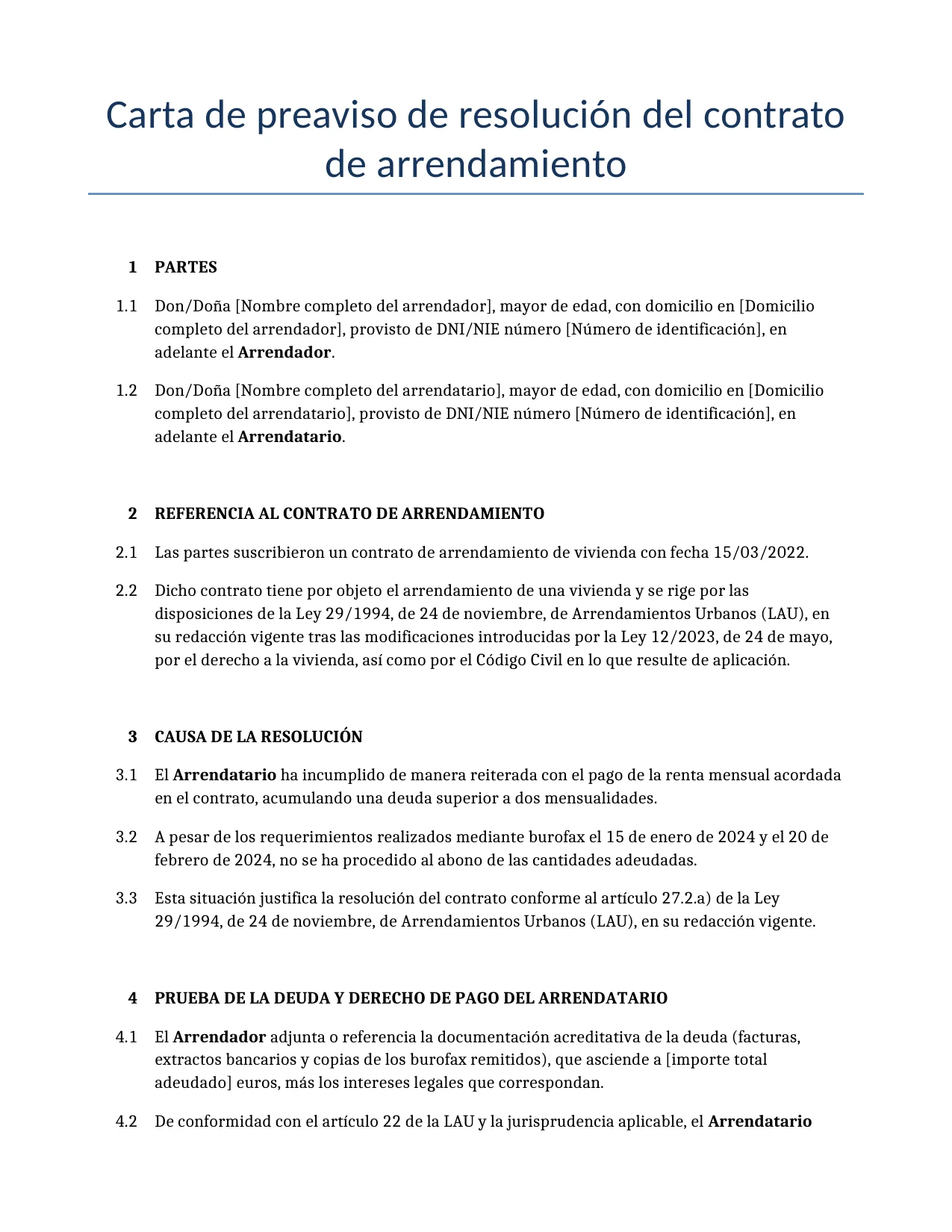 Ejemplo de un Carta de preaviso de resolución del contrato de arrendamiento para usar en España generado por nuestro modelo de IA.